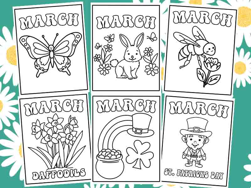 Six Example of Cute March coloring sheets on a green with daisies background