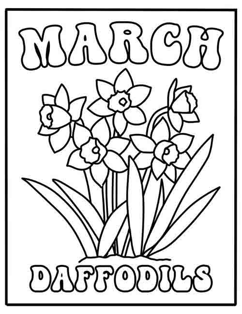 Black and white outline March Coloring Pages of march birth flower daffodil and jonquils