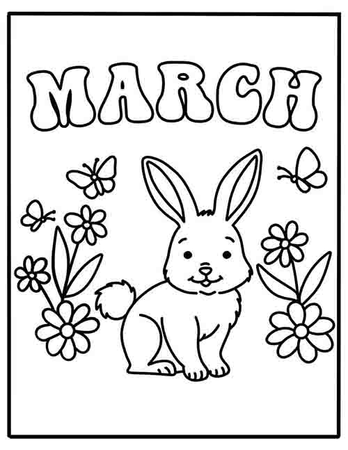 black and white outline of Bunny Flowers Butterflies March Coloring Pages