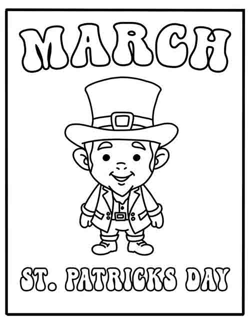 Black and white outline leprechaun with a word st Patricks day coloring page