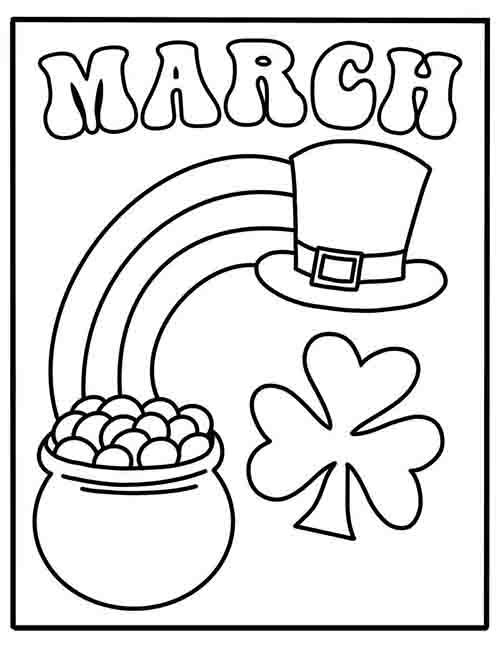 Black and white outline of St Patricks Day hat, pot of gold, rainbow, shamrock lucky charm