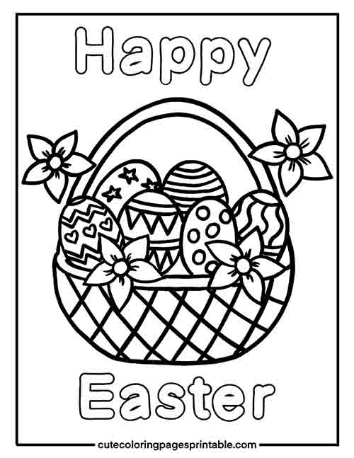 Basket filled with decorated easter eggs and flowers easter coloring sheet