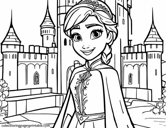 Frozen Coloring Page Of Anna Smiling With A Castle Background