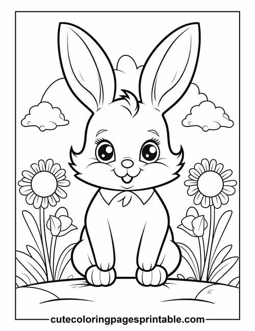 Coloring Page Of Bunny Sitting With Flowers
