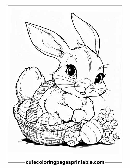 Coloring Page Of Bunny With Basket Containing Eggs And Flowers