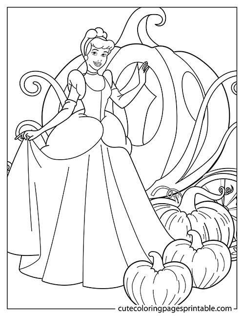 Disney Princess Coloring Page Of Cinderella Holding Her Dress With Pumpkins