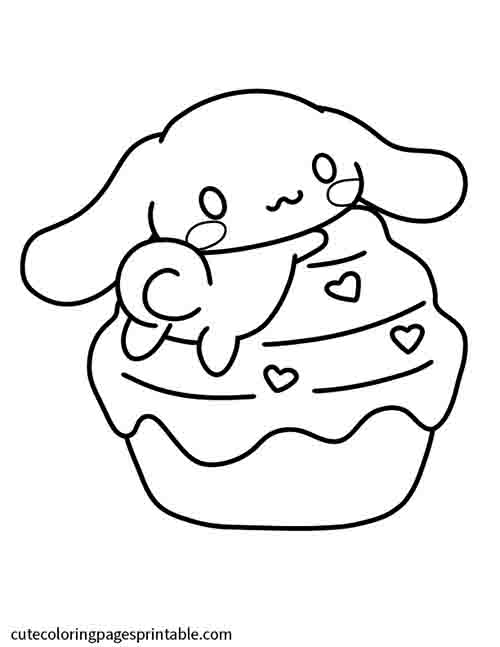Sanrio Coloring Page Of Cinnamoroll Lying On Cupcake With Hearts