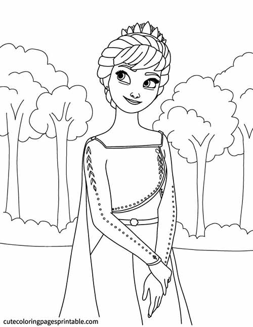 Frozen Coloring Page Of Anna In A Forest Wearing A Formal Dress