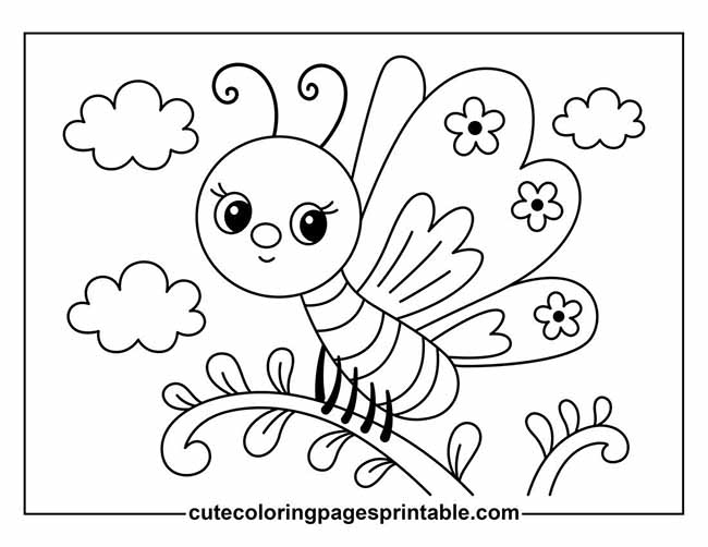 Coloring Page Of Butterfly With Clouds And Flowers