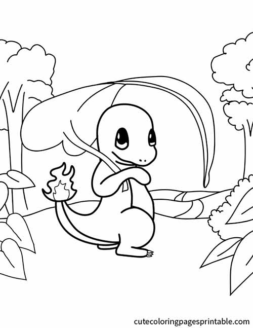 Charmander Sitting Under Large Leaf Pokemon Coloring Page