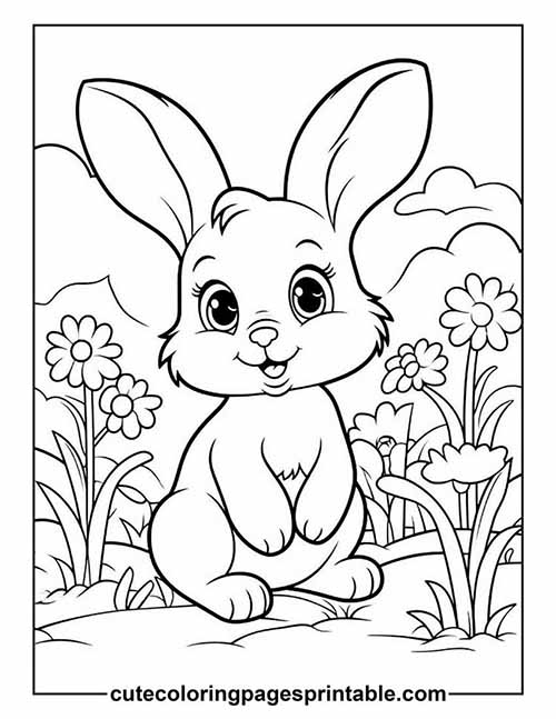 Coloring Page Of Bunny Smiling With Blooming Flowers