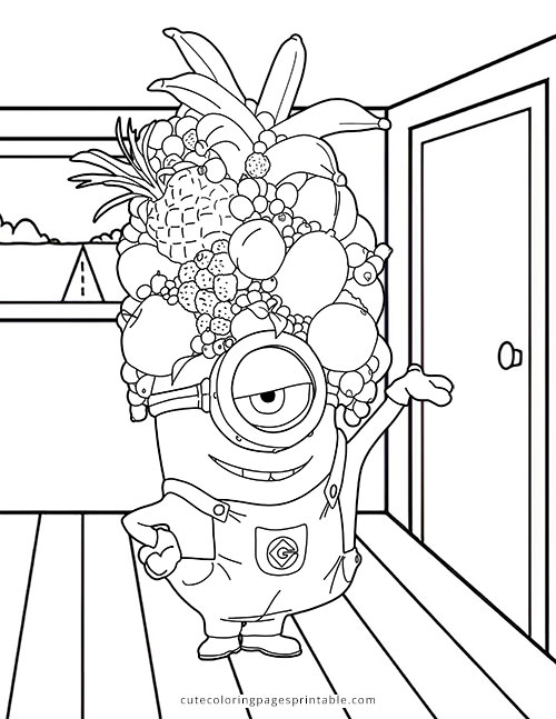 Despicable Me Coloring Page Of Carl Minion Wearing Fruit Hat