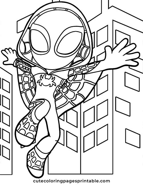 Avengers Coloring Page Of Spider Gwen Swinging Between Buildings