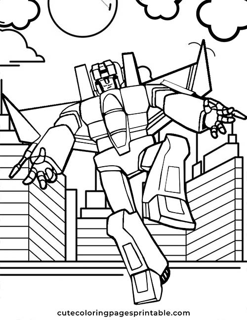 Transformers Coloring Page Of Starscream Soaring Above Buildings