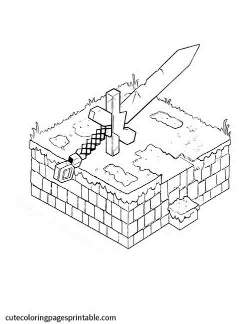 Minecraft Coloring Page Of Sword Sword Standing With Cross