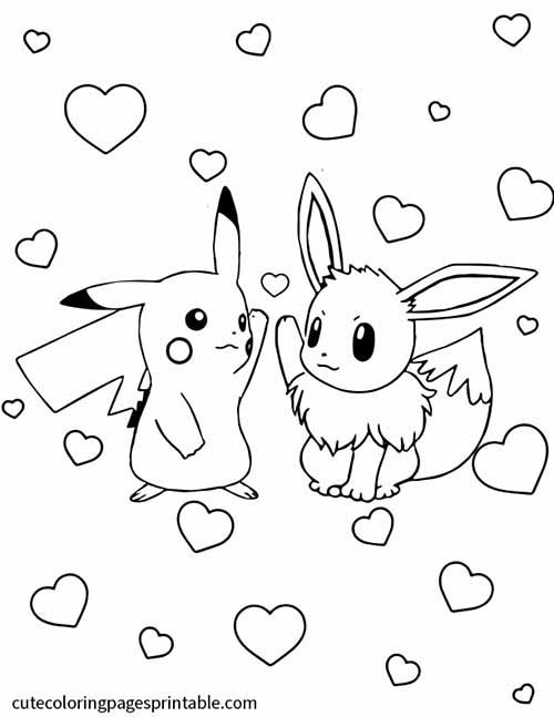 Eevee Pikachu Sit Among Hearts Pokemon Coloring Page