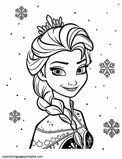 Elsa Smiling With Snowflakes Wearing A Dress Frozen Coloring Page