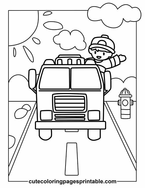 Fire Truck With Boy Waving Coloring Page