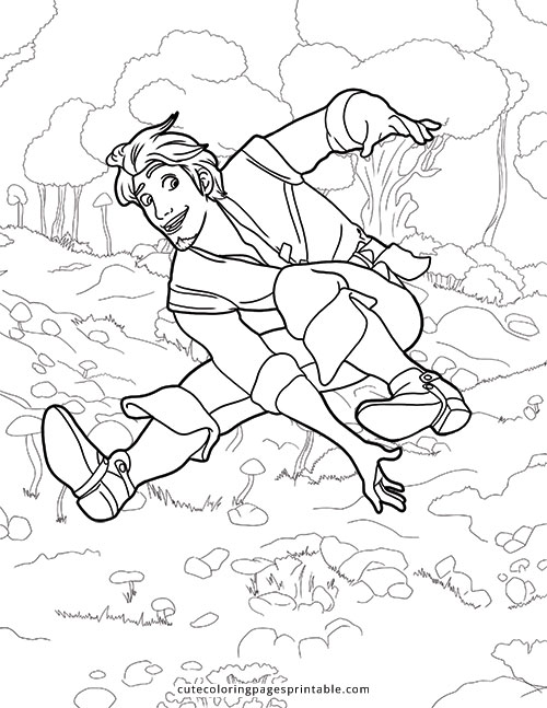 Tangled Coloring Page Of Flynn Rider Sitting On Ground With Trees