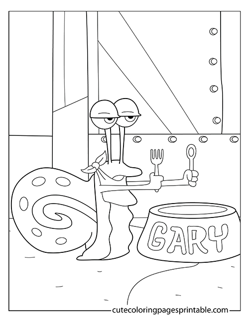 Gary Holding Fork And Spoon Spongebob Squarepants Coloring Page