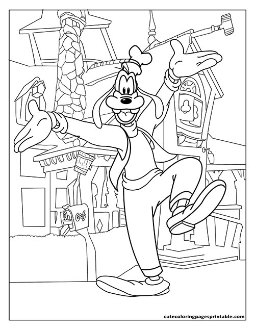 Disney Coloring Page Of Goofy Smiling With Birdhouse