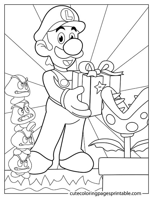 Super Mario Bros Coloring Page Of Luigi Holding Gift With Goombas Watching