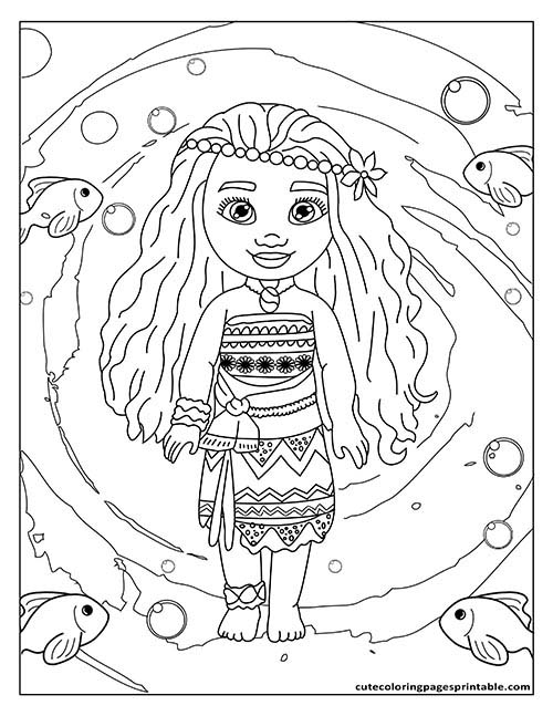 Coloring Page Of Moana Character Surrounded By Fish