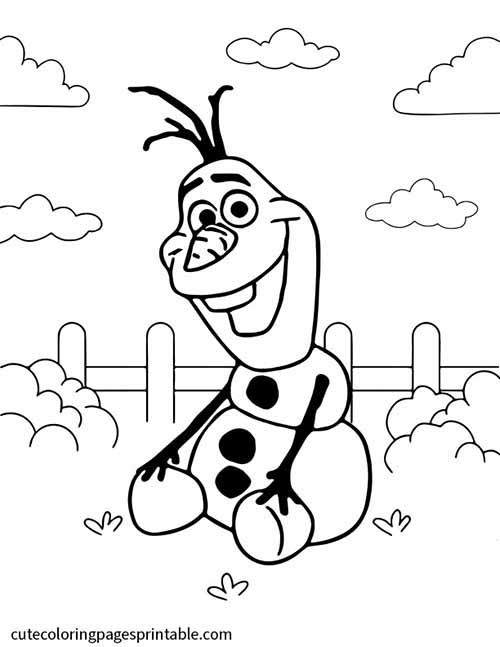 Olaf Snowman Smiling With Fence Clouds Grass Frozen Coloring Page
