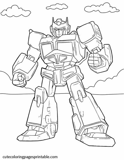 Transformers Coloring Page Of Optimus Prime Standing With Clouds Floating