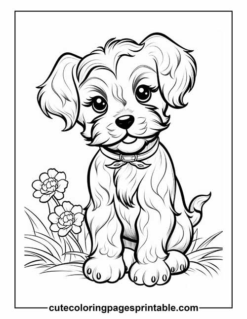 Coloring Page Of Puppy Sitting With Flowers