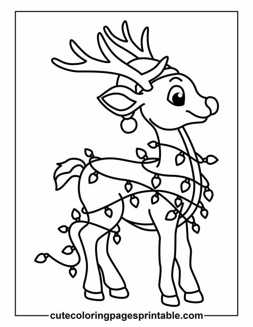 Coloring Page Of Reindeer Smiling Tangled With String Lights
