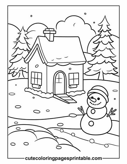 Coloring Page Of Snowman Standing With House