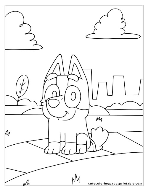 Bluey Coloring Page Of Socks Sitting Smiling With Clouds