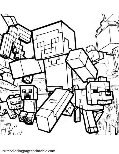 Minecraft Coloring Page Of Steve Assembling With Blocks