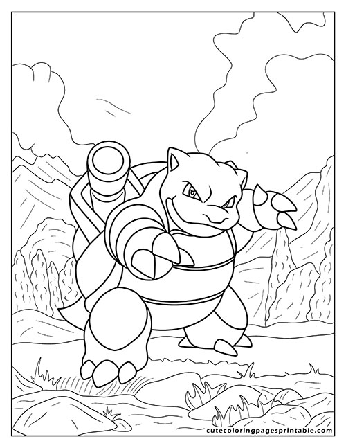 Pokemon Card Coloring Page Of Blastoise Standing With Mountains