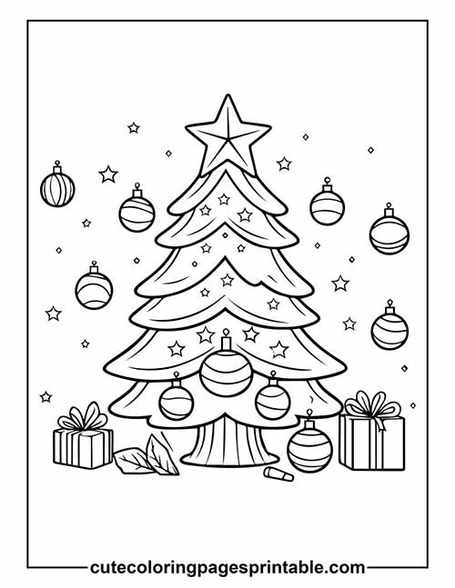 Coloring Page Of Christmas Tree With Ornaments Hanging And Gifts