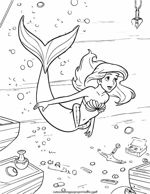 Ariel Swimming With Bubbles Little Mermaid Coloring Page