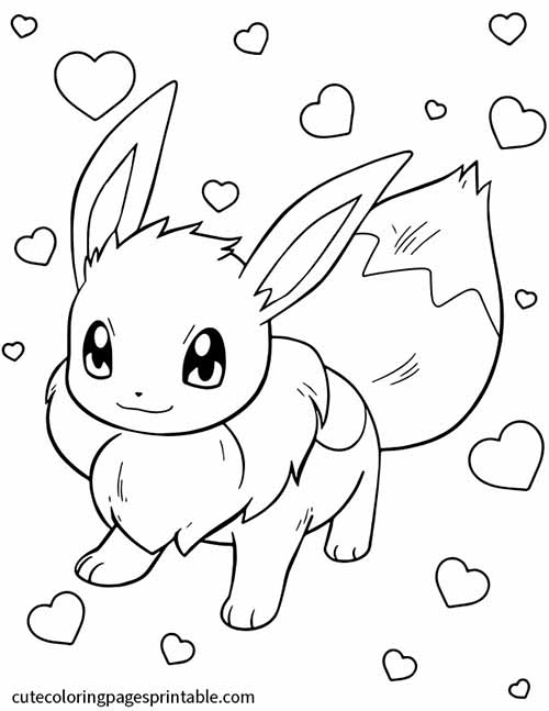 Eevee Smiles Amidst Floating Hearts Pokemon Coloring Page