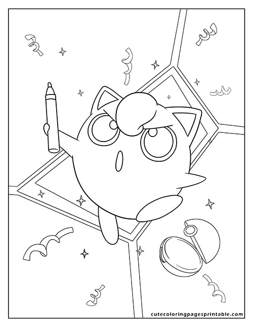Jigglypuff Holding Crayon With Stars Pokemon Coloring Page