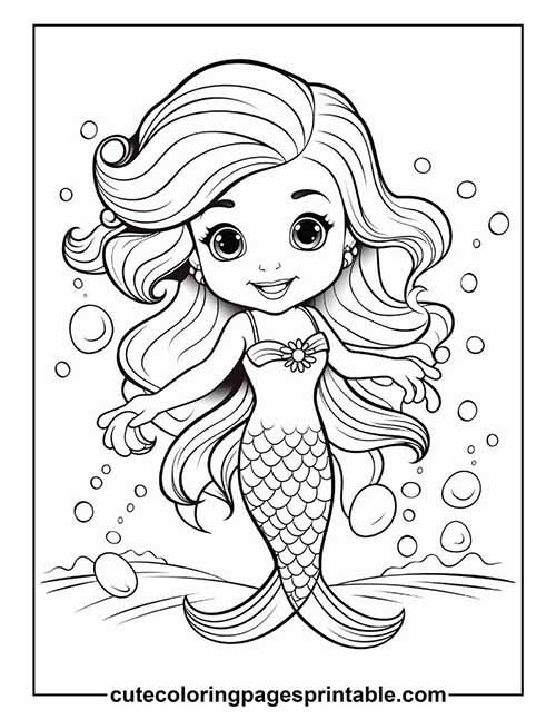 Little Mermaid Swimming With Bubbles Coloring Page