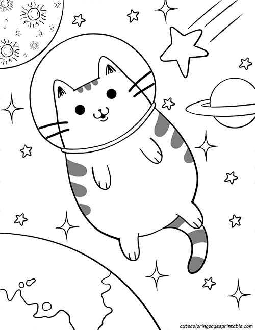 Pusheen With Planets Orbiting Coloring Page