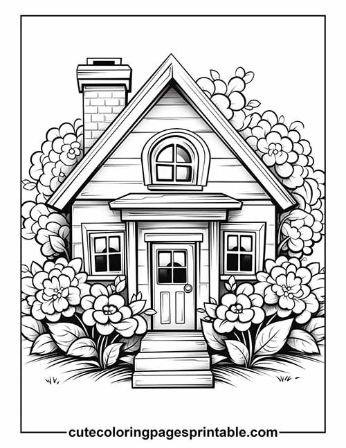 Coloring Page Of House With Flowers Blooming