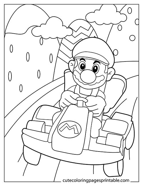 Super Mario Bros Coloring Page Of Mario Kart Driving With Clouds