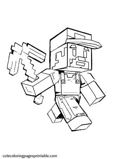 Minecraft Coloring Page Of Steve Holding Pickaxe With Helmet