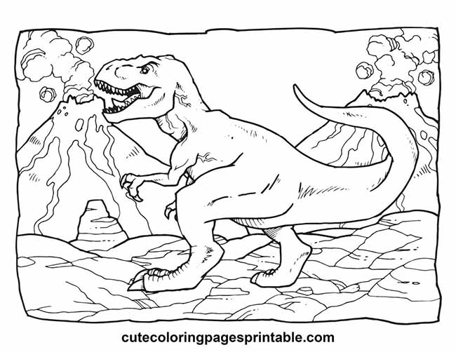 Coloring Page Of T Rex Roaring With Volcanoes Erupting