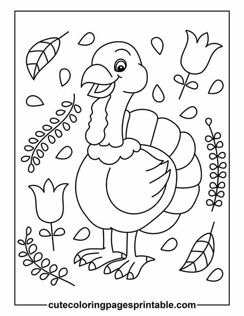 Coloring Page Of Turkey With Leaves And Flowers