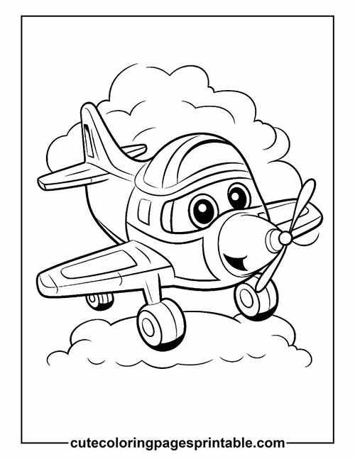 Coloring Page Of Airplane Above Clouds With Smiling Face