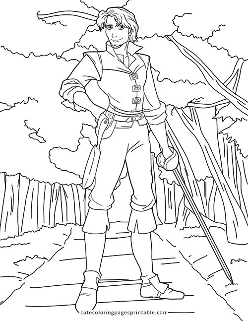 Flynn Rider Standing With Trees Tangled Coloring Page