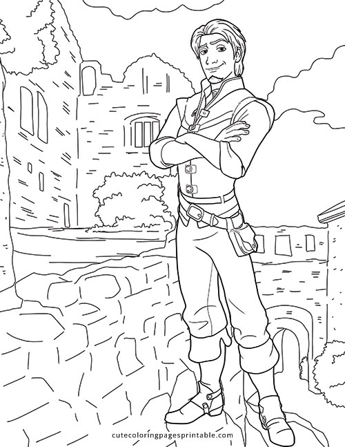 Tangled Coloring Page Of Flynn Rider Smiling With Castle