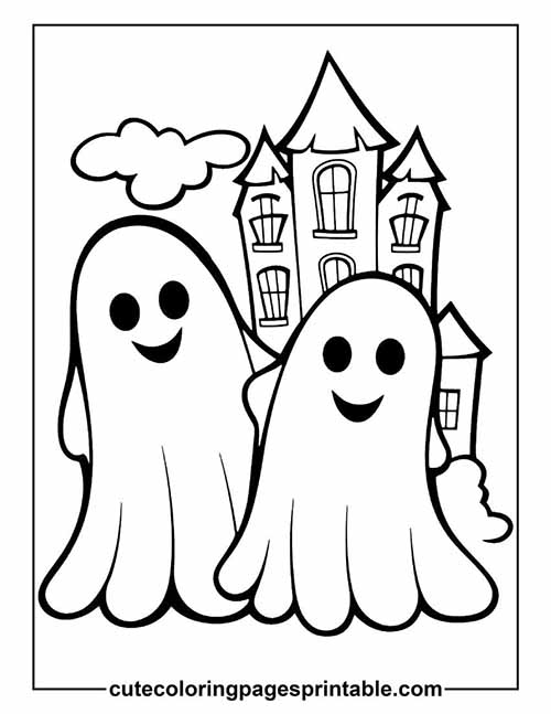 Ghost With A House Looming Behind Coloring Page